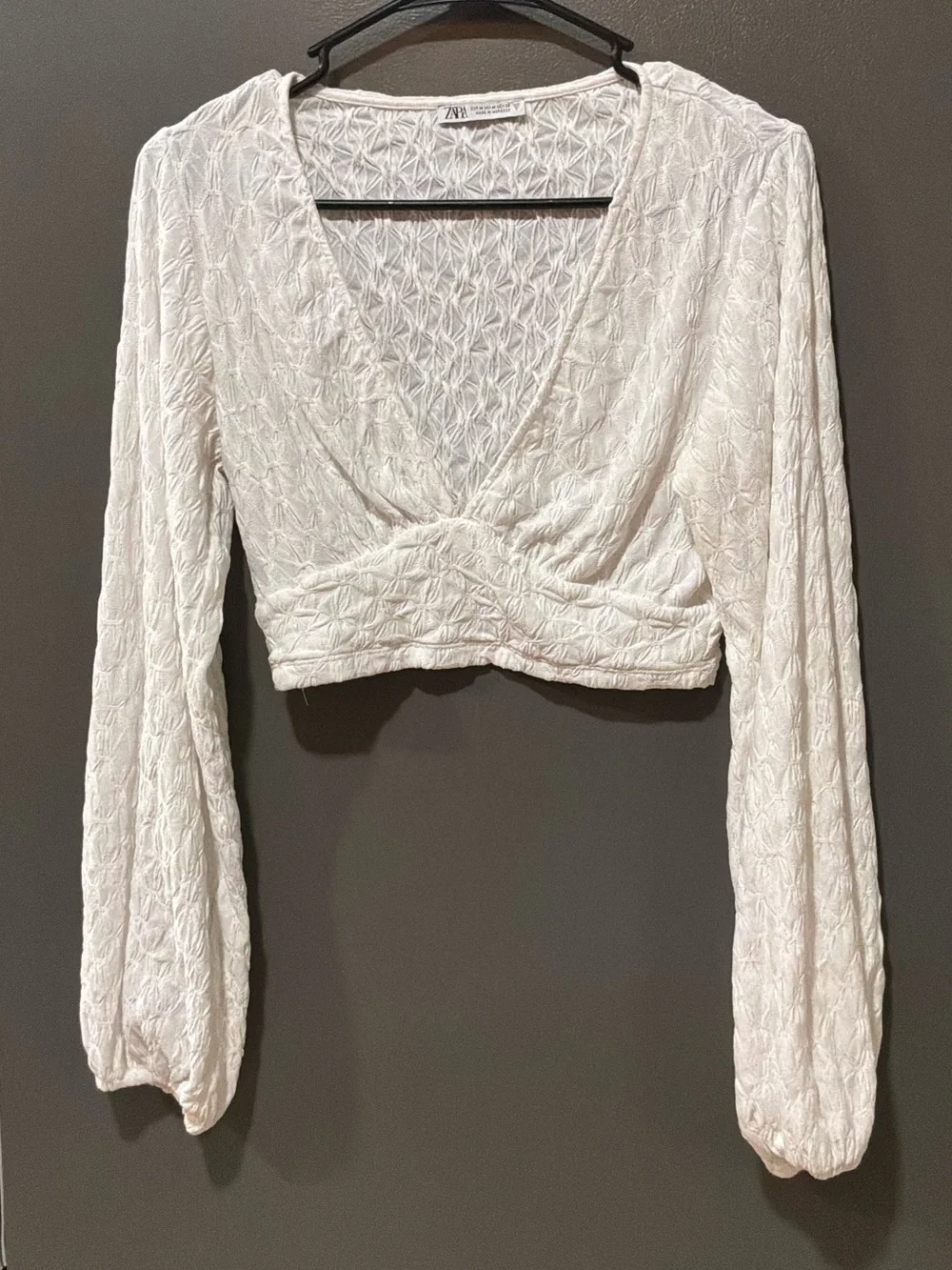 ZARA White Textured Long Sleeve Cropped Wrap Blouse Women’s Size M